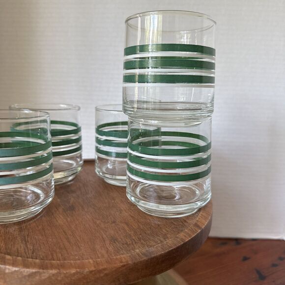 Vintage Green And White Small 8 Ounce Striped Juice Glasses Set of 5 - Picture 3 of 11